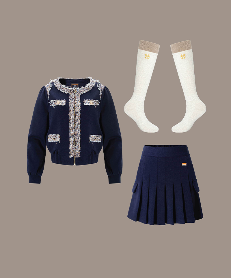 Tweed Jersey Blouson All-Coordinate 3pcs Set - Navy
