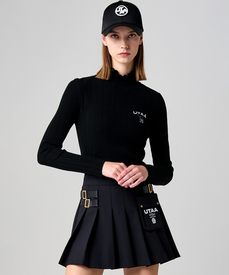 UTAA Women's Ruffle Pointelle Mock Neck Knit - Black