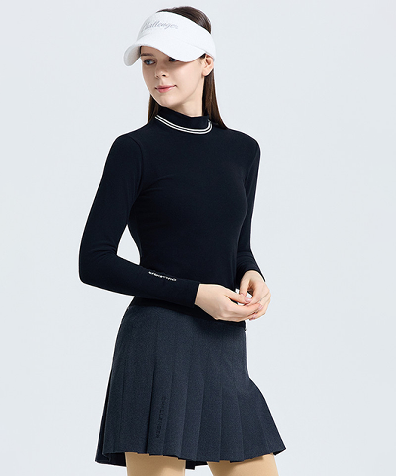 Challenger Women's Brushed Stripe Mock Neck Long Sleeve T-shirt - Blac