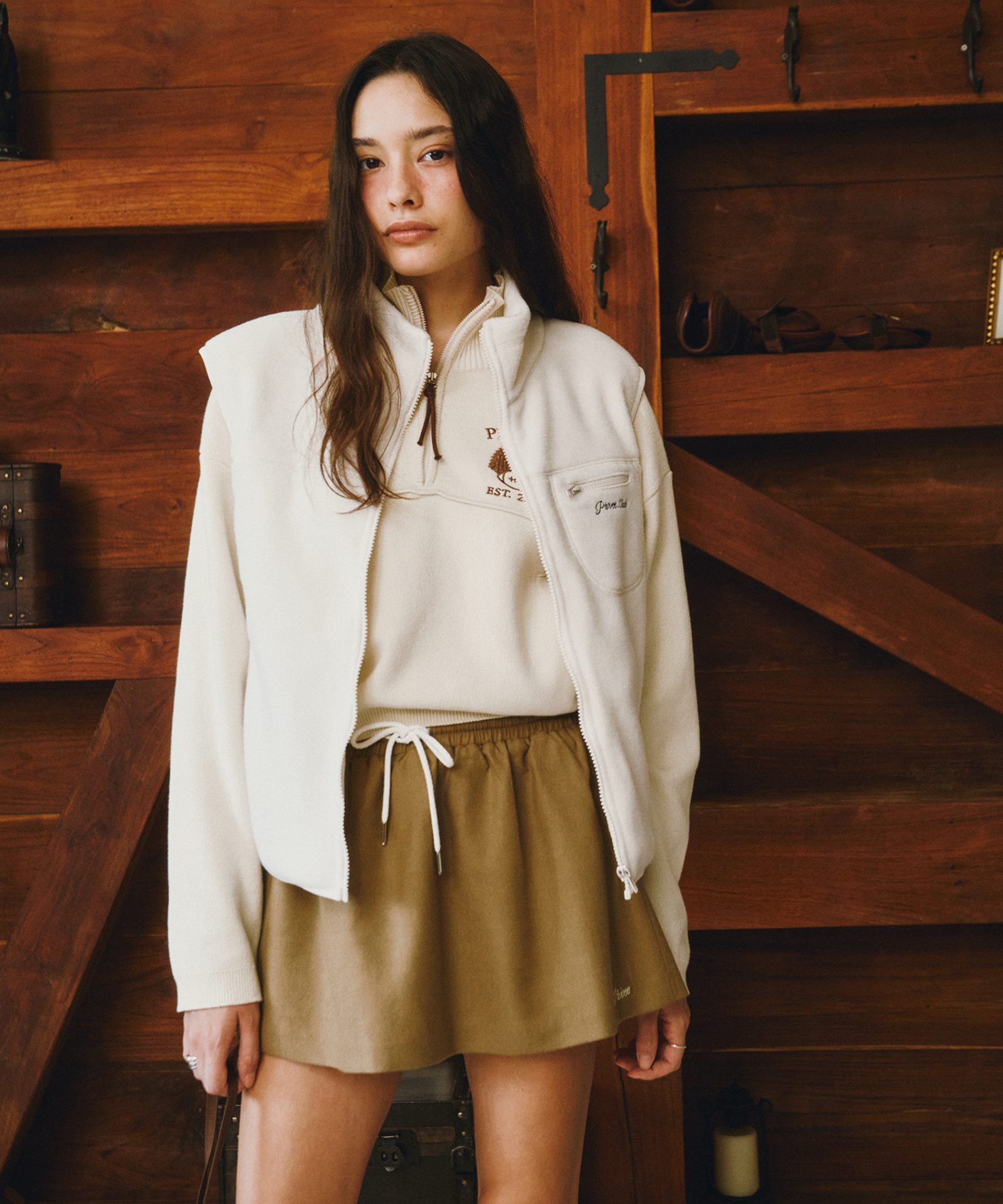 PIV'VEE Cashmere Blend Drawstring Mini Skirt Milk Tea Beige