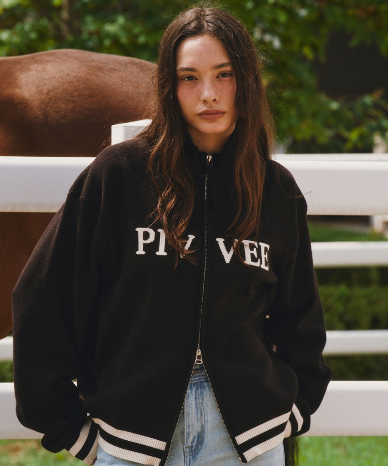 Logo Jacquard Knit Zip-up Cardigan Ebony Black