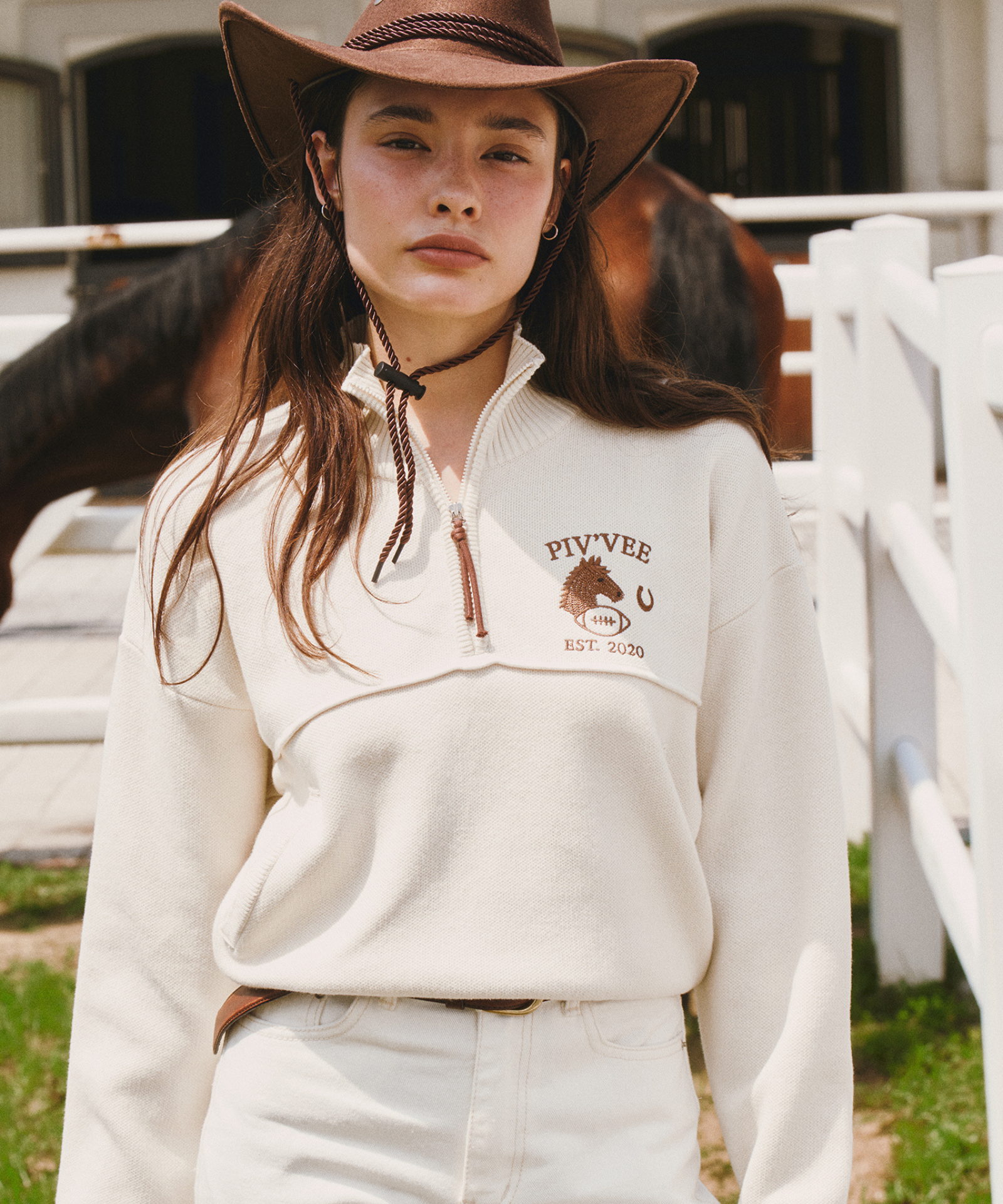 PIV'VEE Pony Embroidered Half-zip Sweater Sand Beige