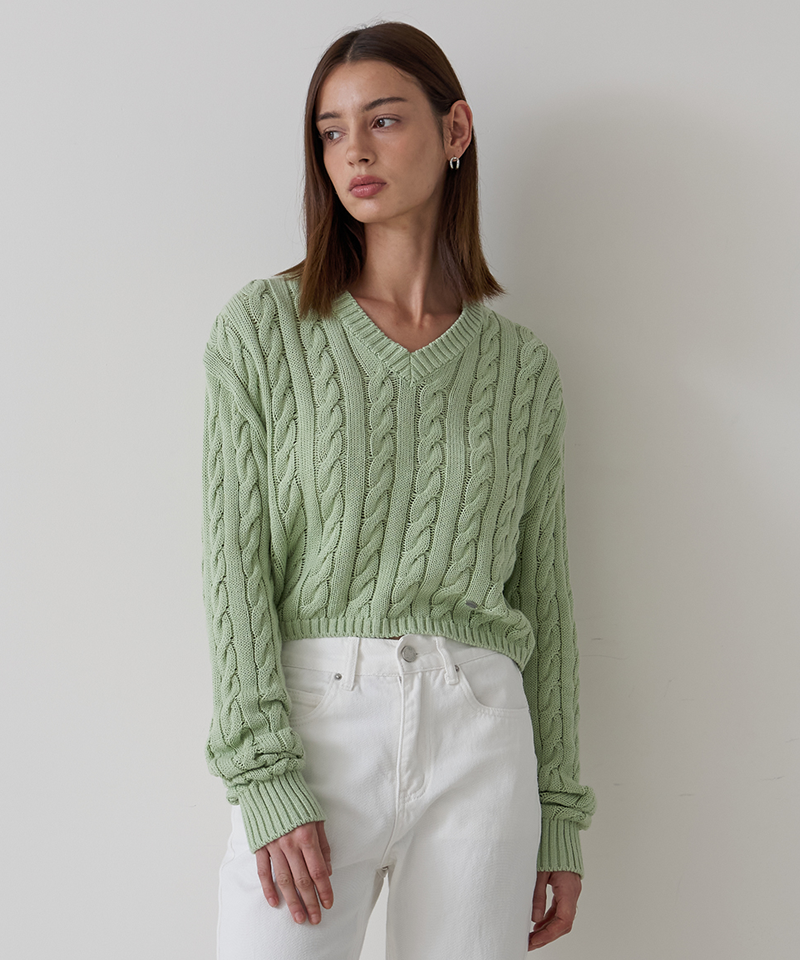 Piv'vee V Neck Cable Knit Top - Pistachio Mint