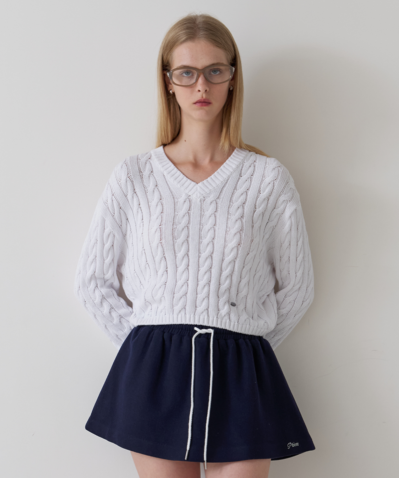Piv'vee V Neck Cable Knit Top - Cloud White