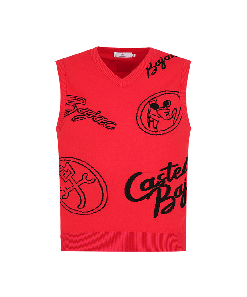 Castelbajac Men's Front Artwork V-Neck Knit Vest - Red
