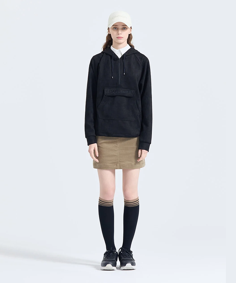 Challenger Women's Suede Big Logo Hooded Long Sleeve T-shirt - Black