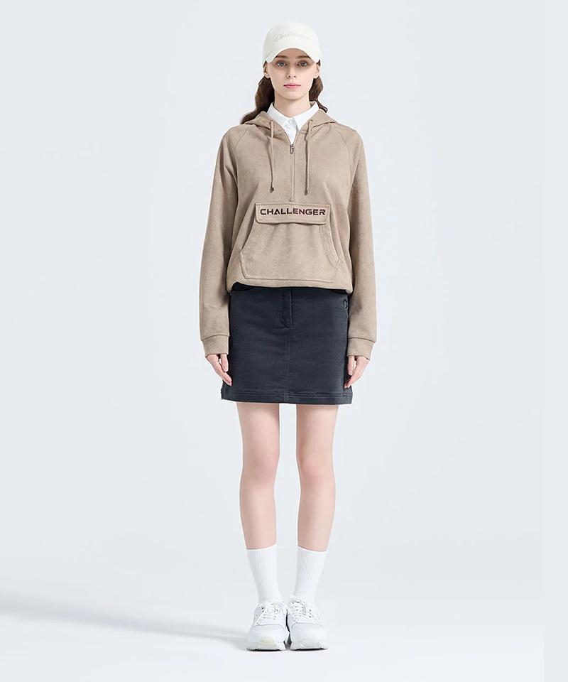 Challenger Women's Suede Big Logo Hooded Long Sleeve T-shirt - Beige