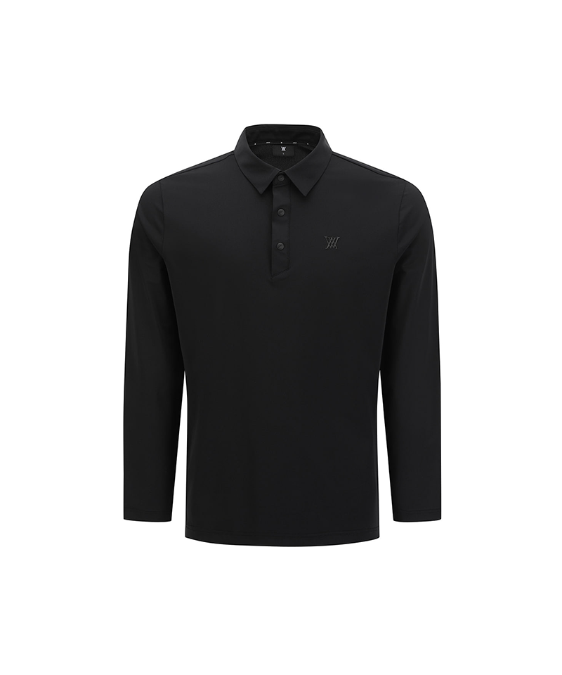 Men’s black solid long sleeve collar golf t-shirt, front view