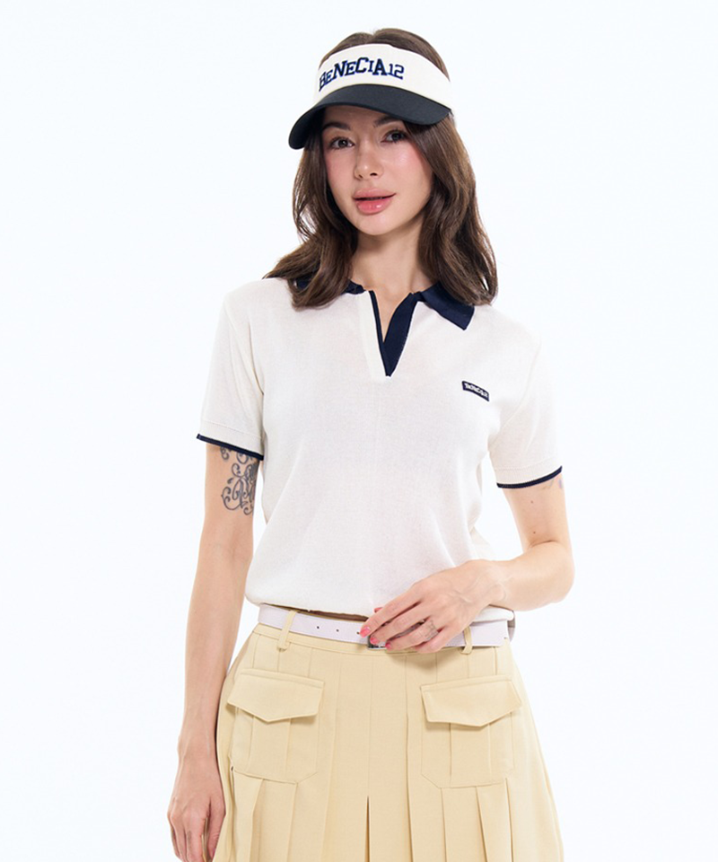 BENECIA 12 Contrast Collar Top - Ivory