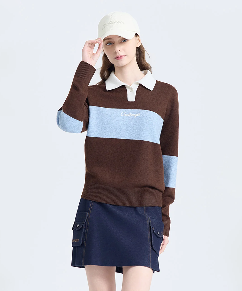 Challenger Women's Border Open Collar Knit Pullover - Brown