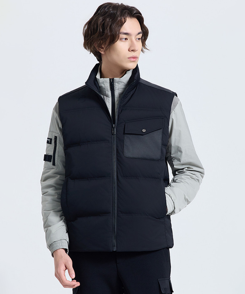 Challenger Men's Leather Mix High-Neck Duck Down Vest - Black