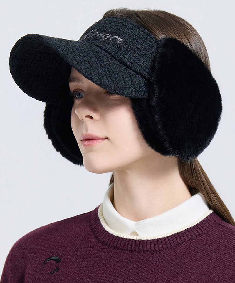Challenger Women's Tweed Fur Ear Cuff Sun Cap - Black