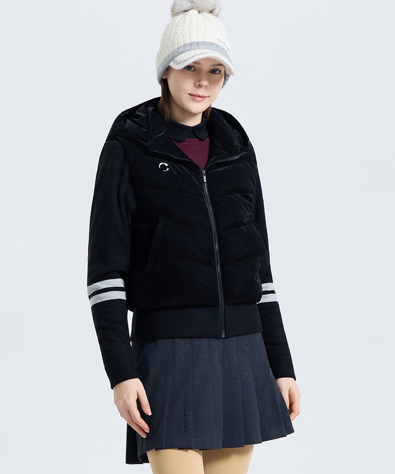 Challenger Women's Shoulder-Free Knit Mix Hooded Duck Down Jacket - Black