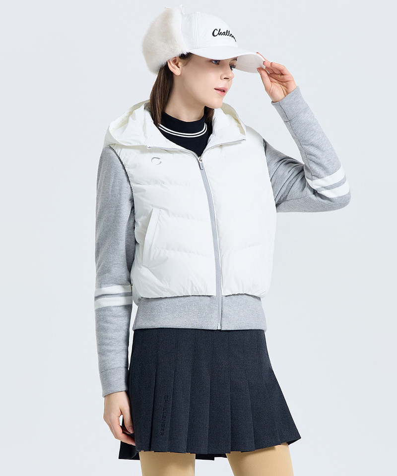 Challenger Women's Shoulder-Free Knit Mix Hooded Duck Down Jacket - White