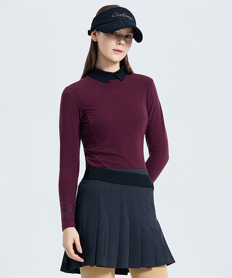 Challenger Women's Brushed-Lined Collared T-Shirt with Sleeve Details - Wine