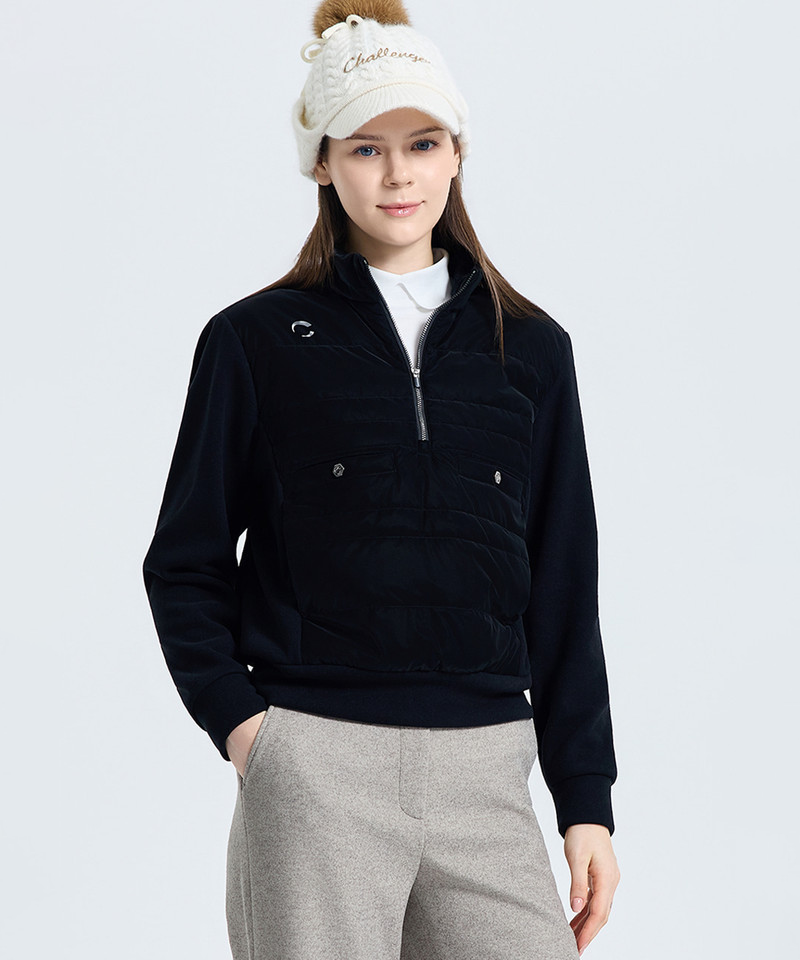 Challenger Women's Striped Quilted Half-Zip Padded Woven Top - Black
