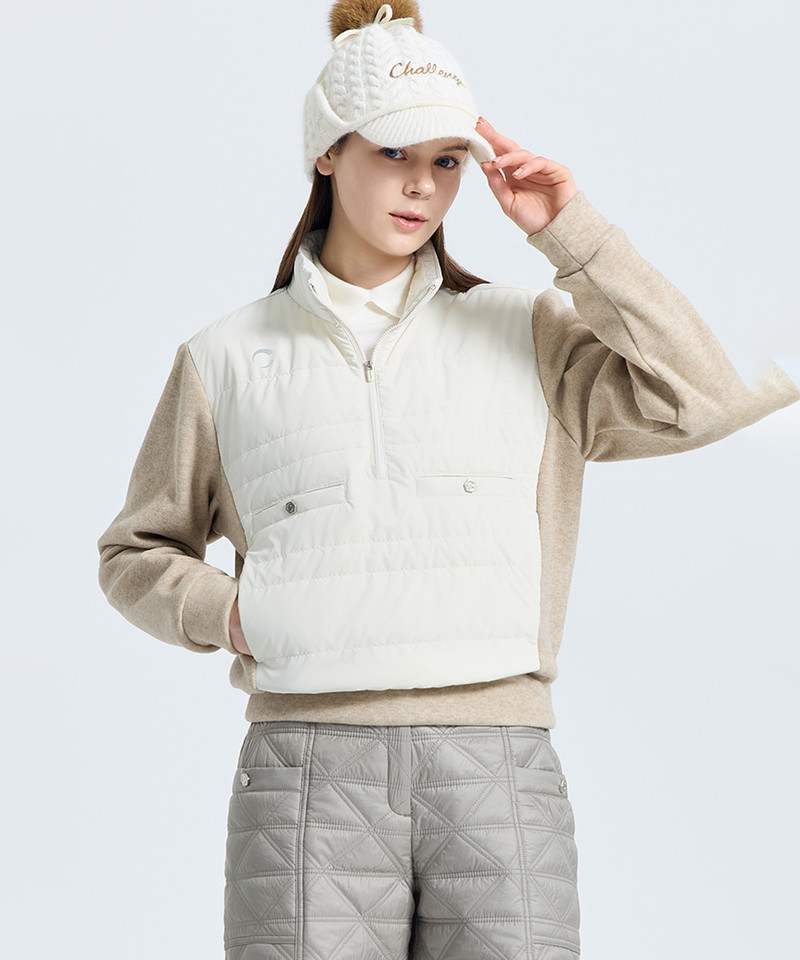 Challenger Women's Striped Quilted Half-Zip Padded Woven Top - Cream