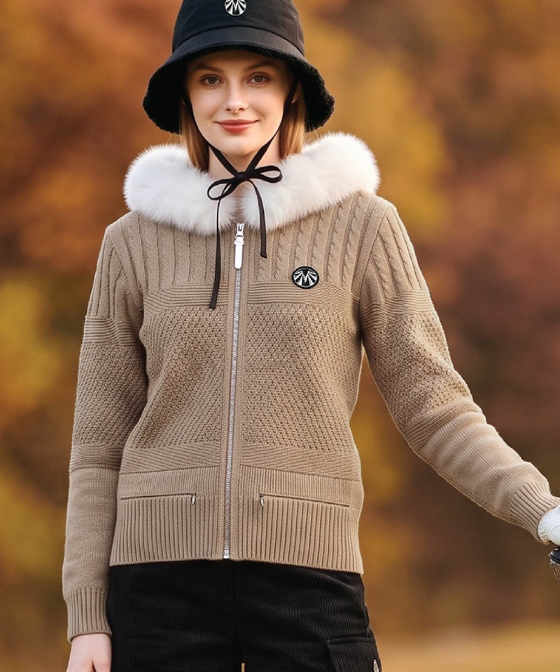 Women's Cashmere Rabbit Fur Detachable Hood Windproof Knit Jacket - Beige