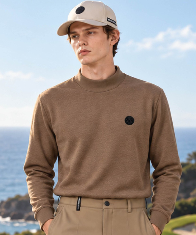Men's Light Brushed Spandex Mock Turtleneck Jacquard T-Shirt - Dark Beige