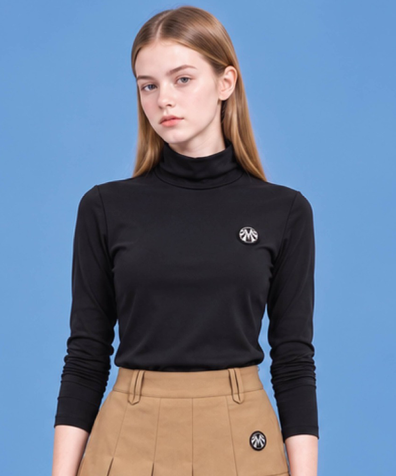 Women's Lightly Brushed Spandex Shirred Point Turtleneck T-Shirt - Black