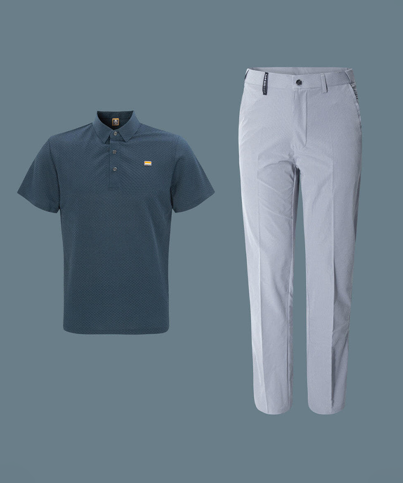 Mahes Golf men's Dandy Style Seersucker golf Outfit Set, top and bottom, front view