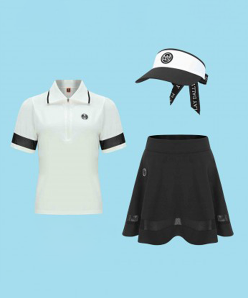 Signature Gold Label Wind See-through All-Outfit Set (Top + Bottom + Visor) - White Black