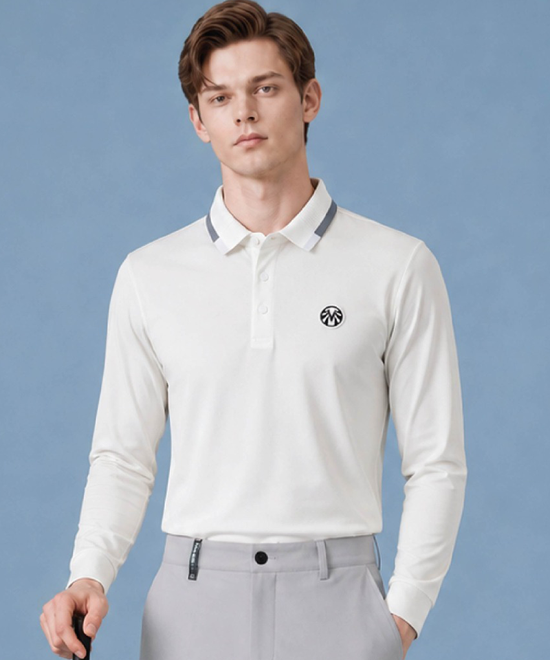 Men's  Long-sleeved T-shirt With Shirt-Style Sleeves And Knit Collar Details, Suitable For Transitional Seasons - White