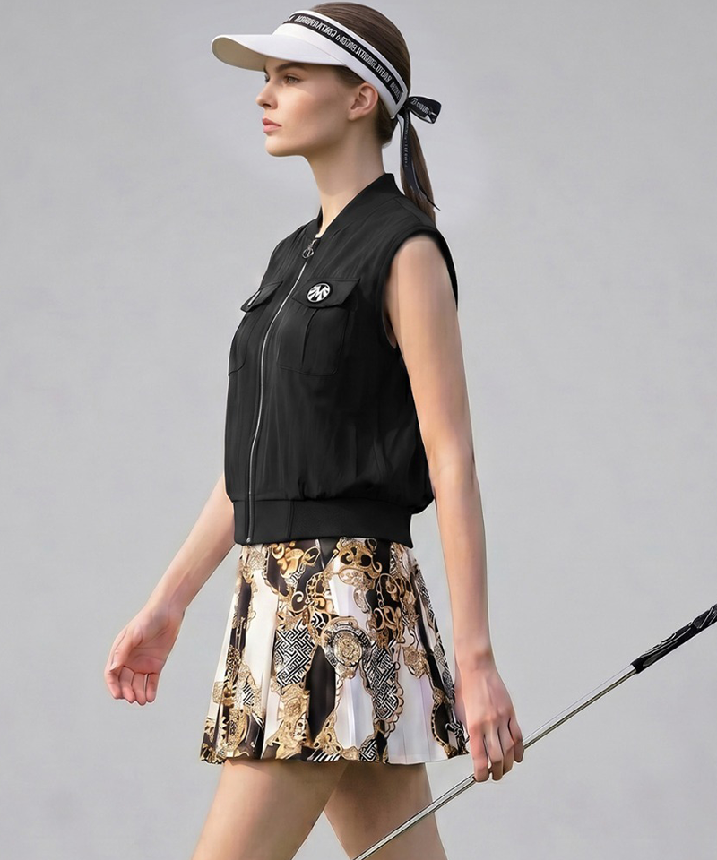 Women's Woven Washer Vest and Light-Weight Pleated Skirt Set (Top+Bottom)