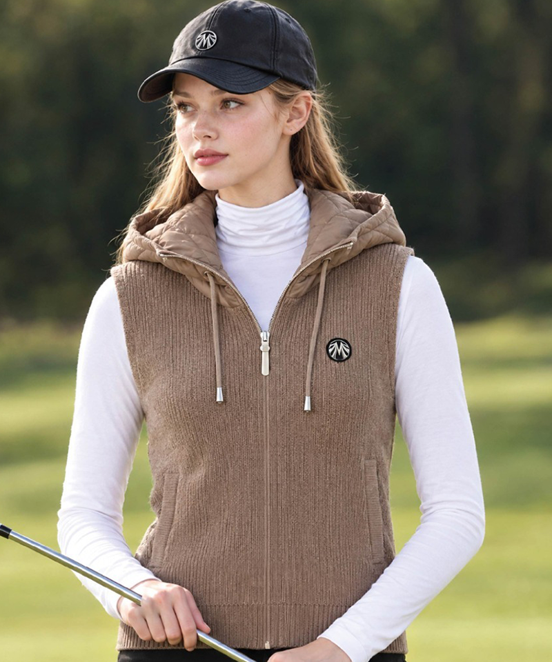Women's Cashmere Knit Windproof Padded Hooded Vest - Camel Beige