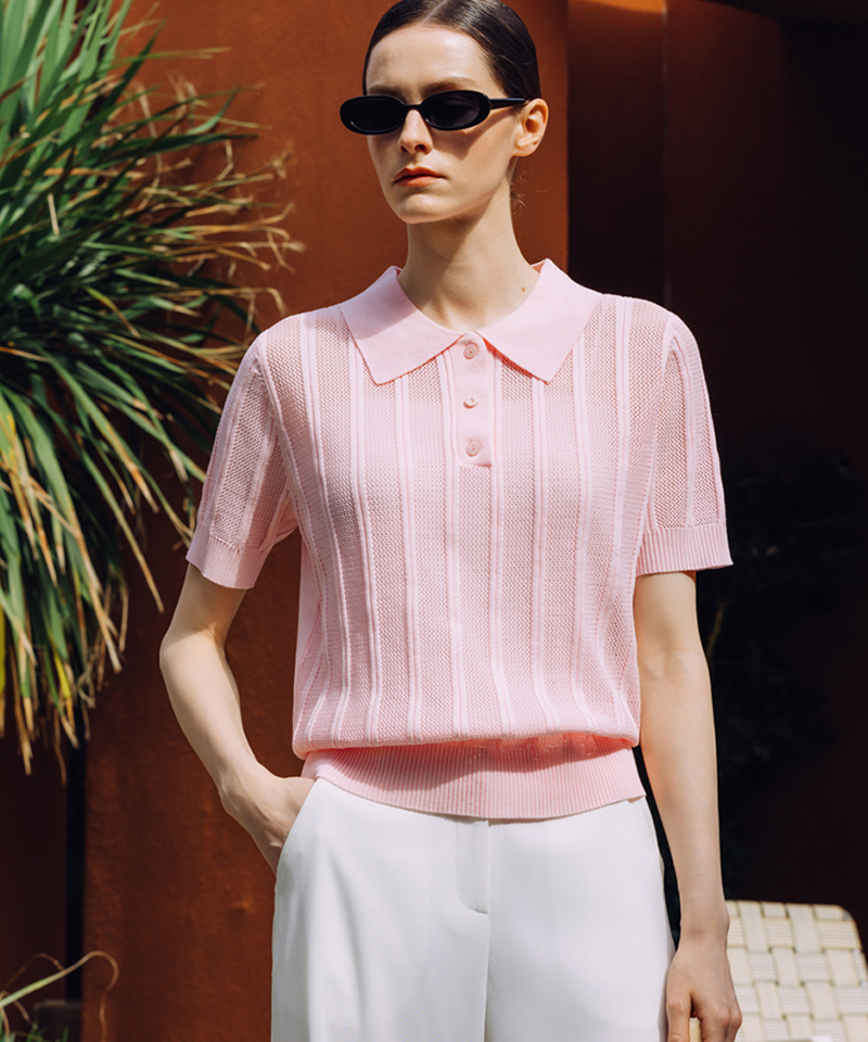 OBER Golf Airy Stripe Collar Knit - Pink