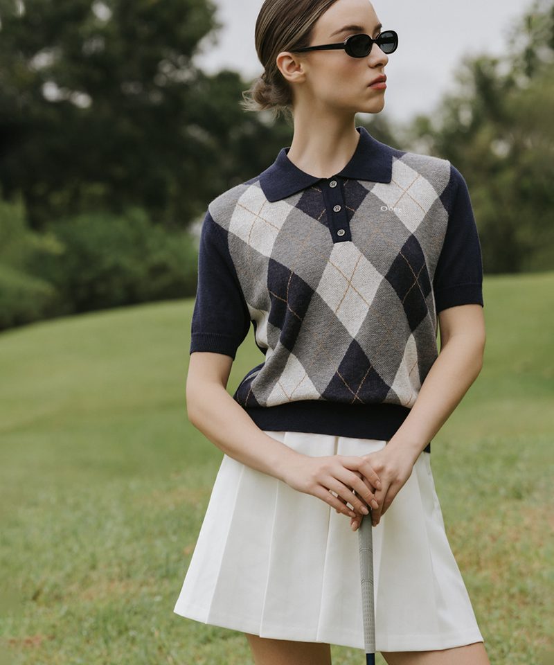 OBER Golf Classic Argyle Knit Top - Navy