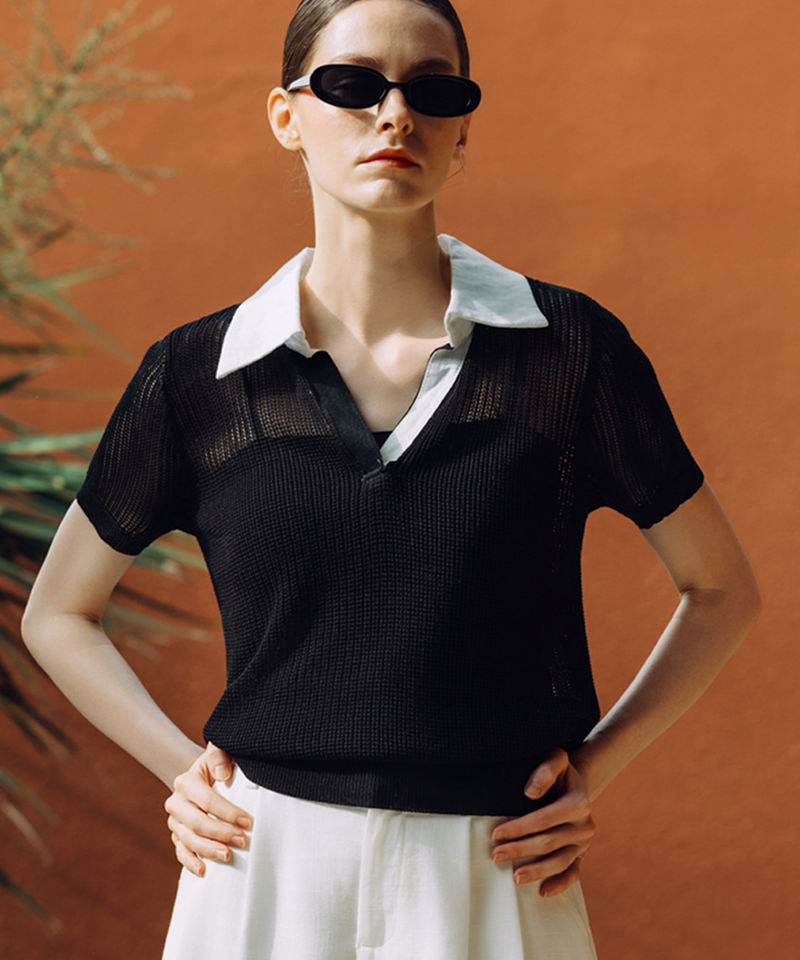 OBER Golf Linen Combination Mesh Knit Top - Black