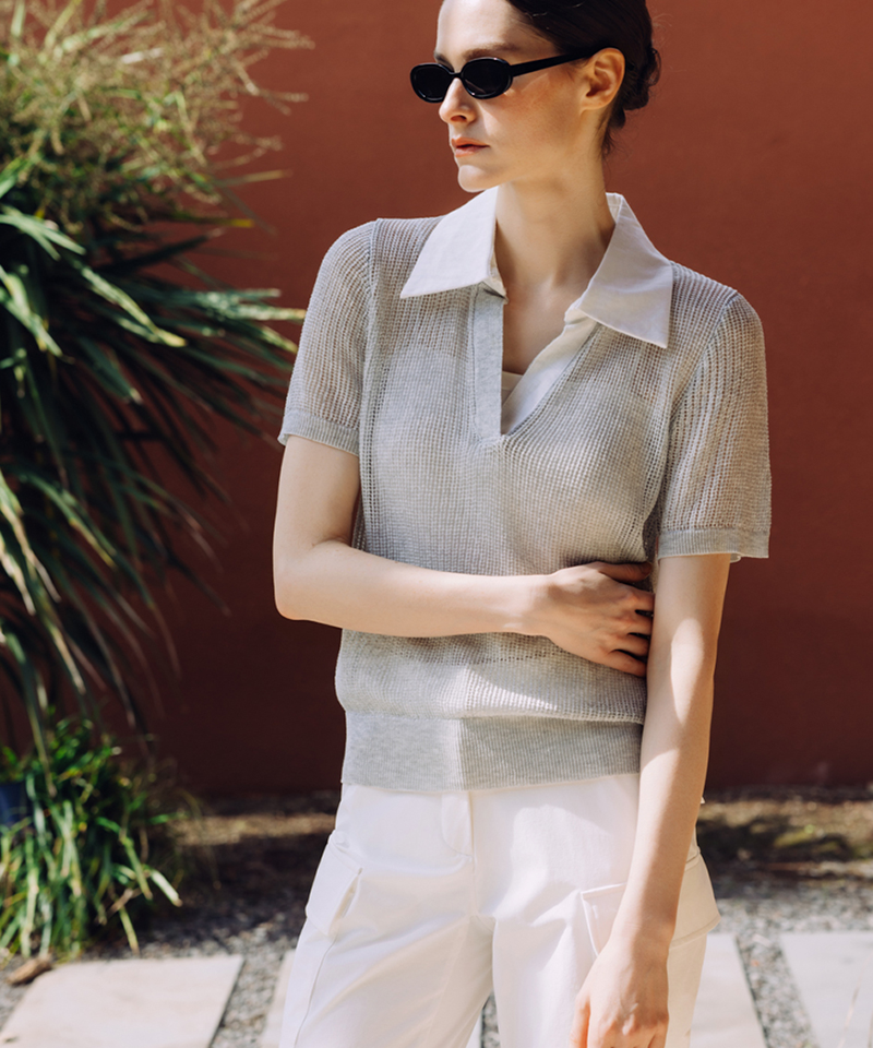 OBER Golf Linen Combination Mesh Knit Top - Gray