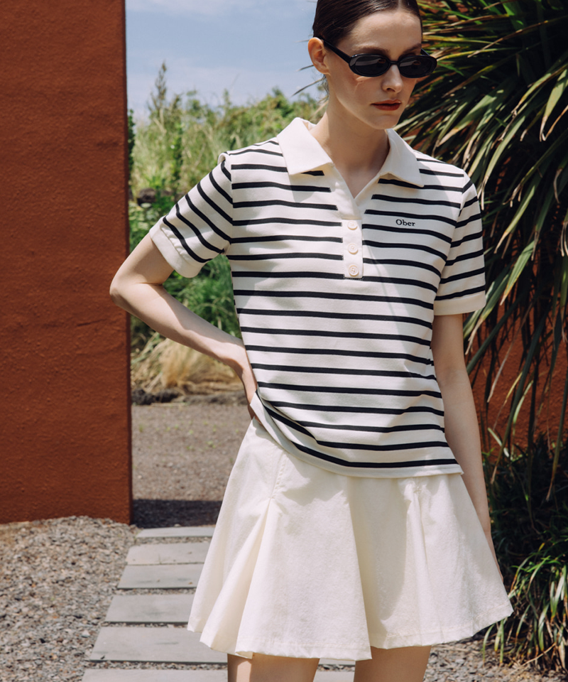 OBER Golf Striped Y-collar top - Cream