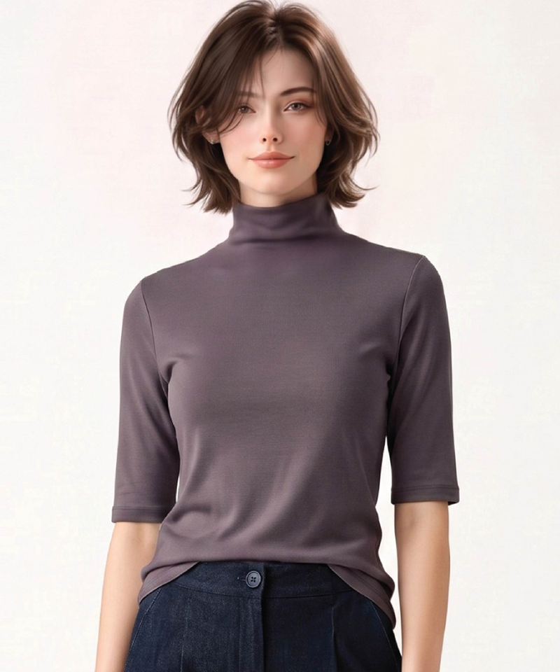 Women's Soft Modal Spandex Mock Neck 3/4 Sleeve T-shirt - Light Purple