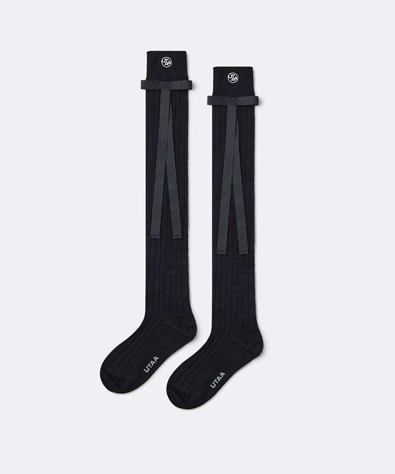 UTAA Women's Ribbon Tie Cotton Knee Socks - Black