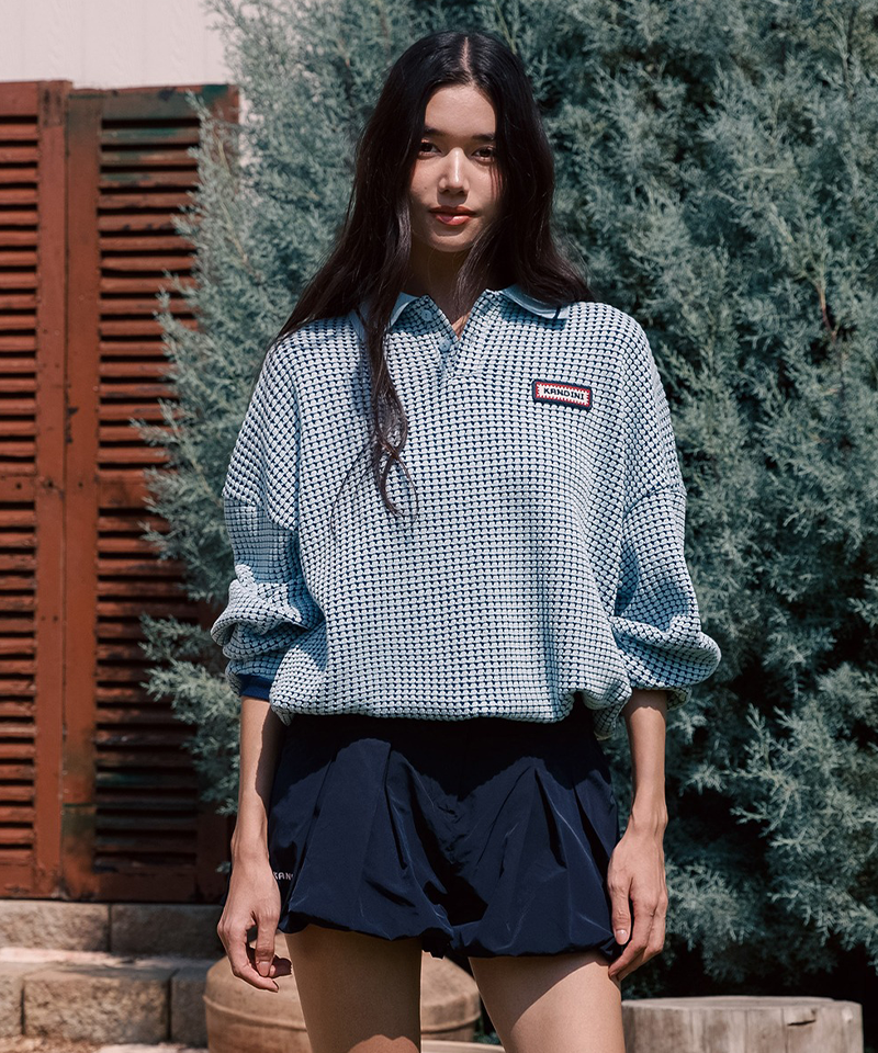 KANDINI Waffle Knit Polo - Blue