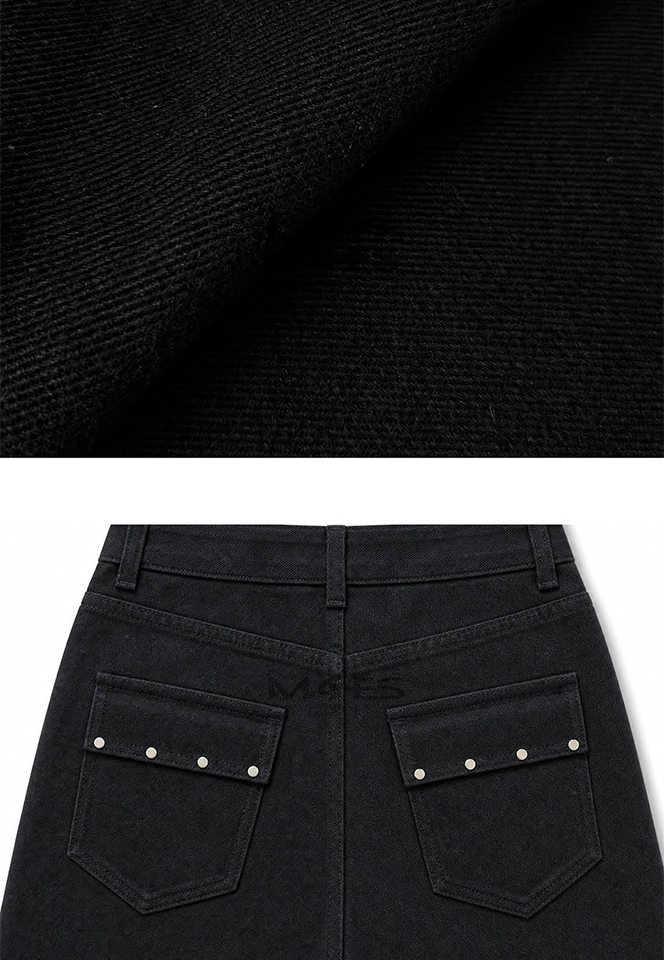 Close-up of black denim fabric texture on the top half and the back waistband and pocket area of black jeans on the bottom half, showing silver rivet details on the back pockets.