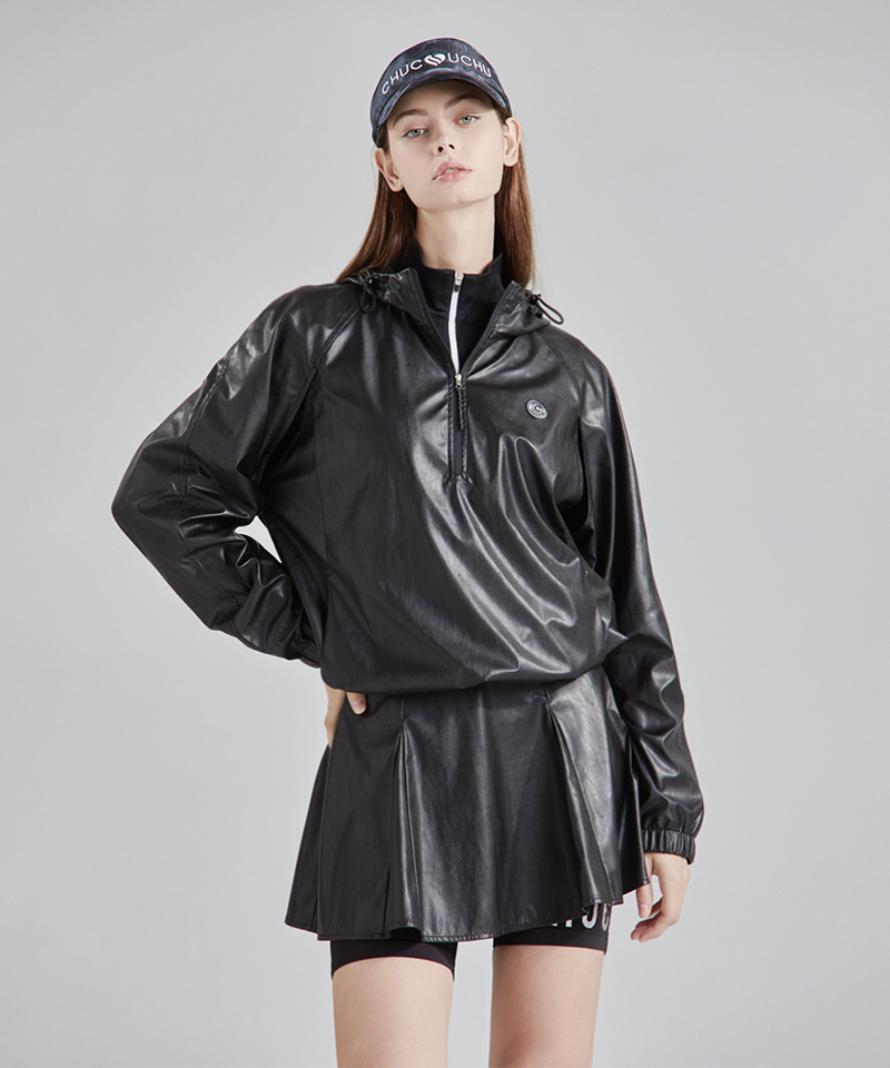 Glossy Anorak Hooded Jumper - Black