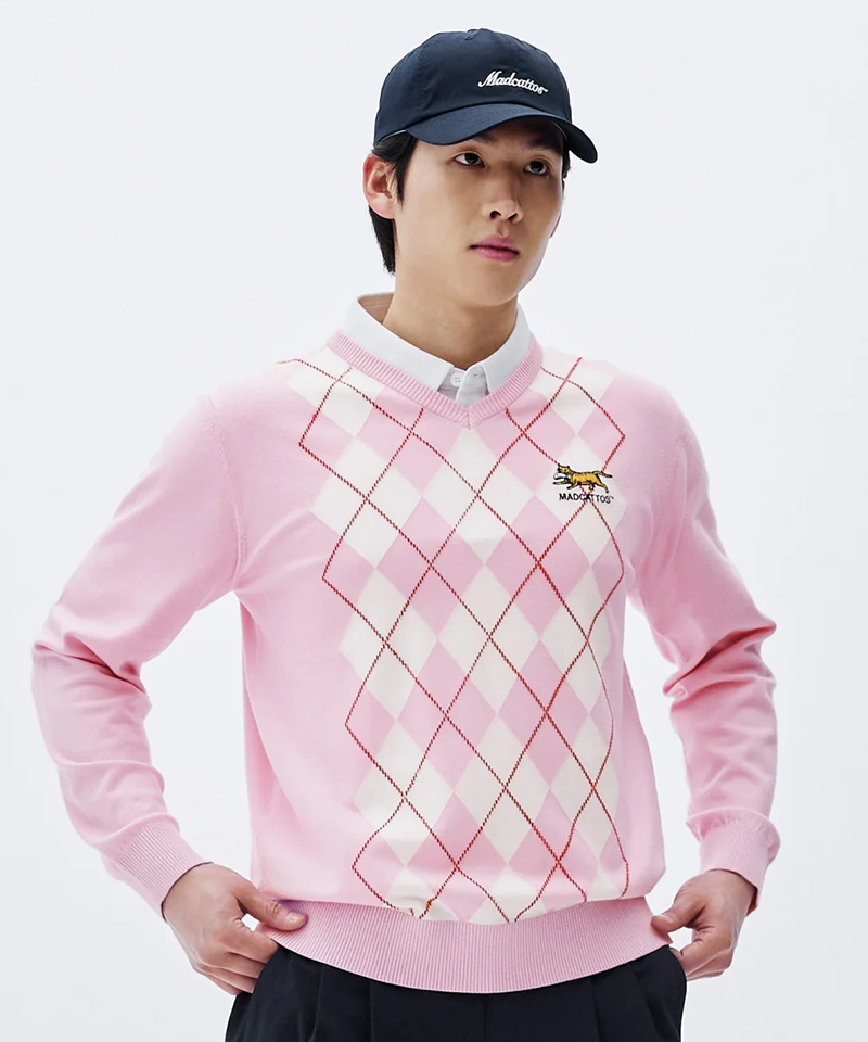 MCC Men's V-Neck Argyle Sweater - Pink