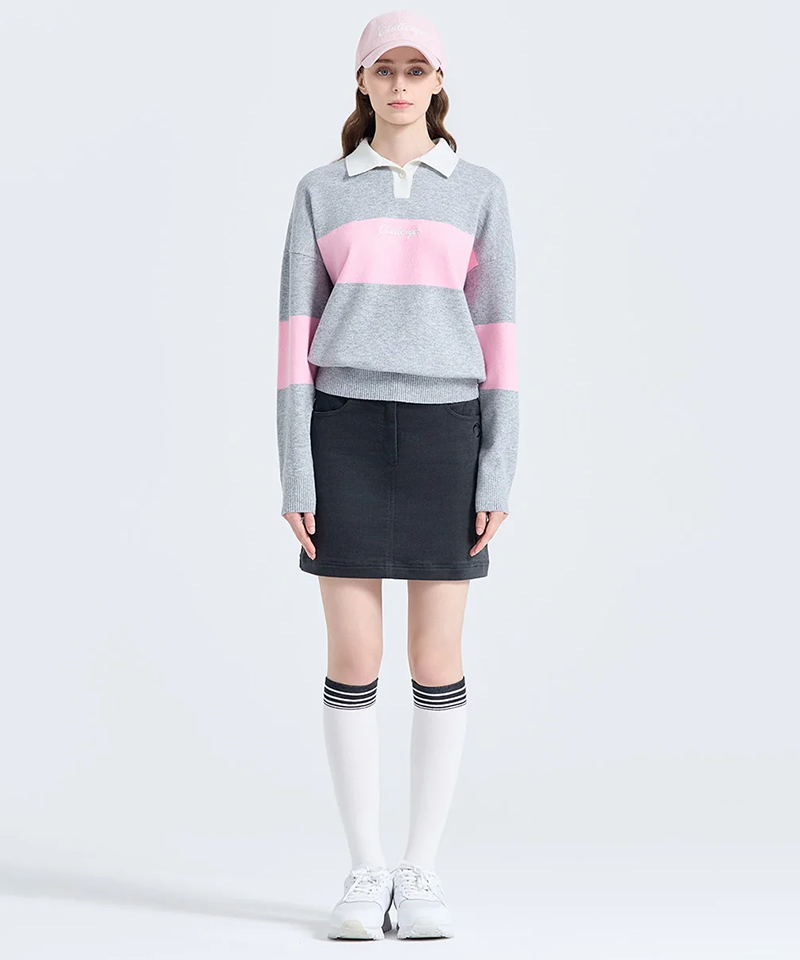 Challenger Women's Border Open Collar Knit Pullover - Gray
