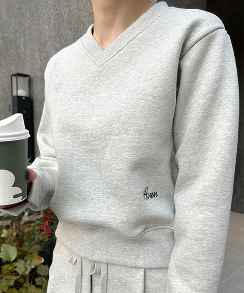 AVEN V-neck Semi-Crop Sweatshirt - Melange Gray