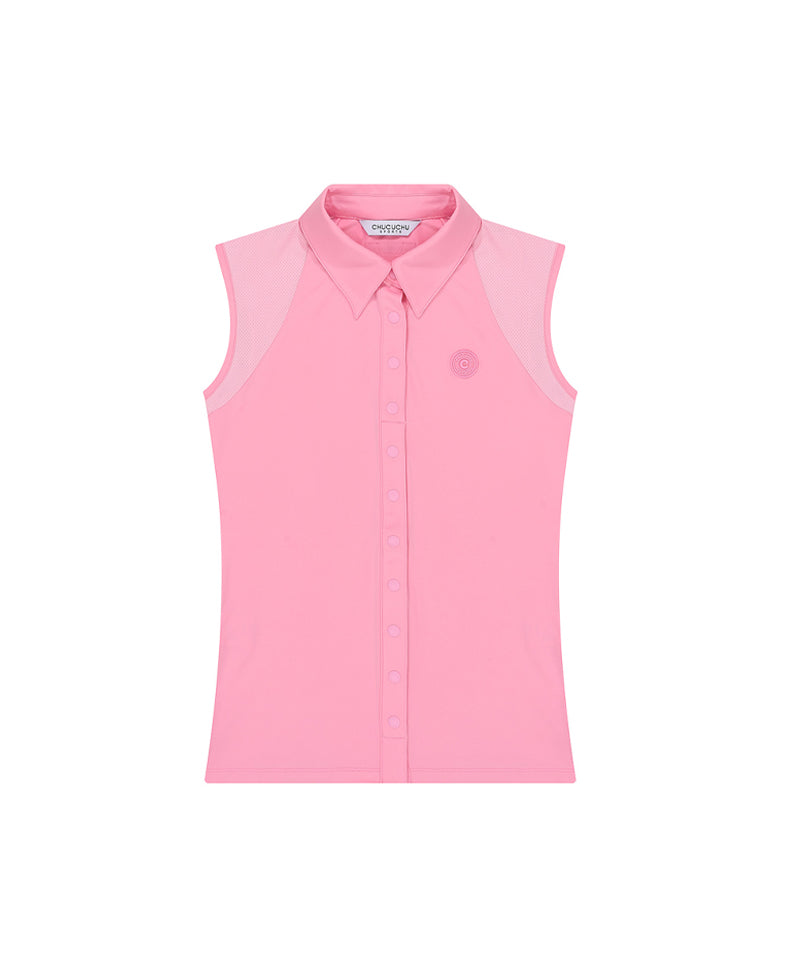 CHUCUCHU Button Mesh Collar Sleeveless Top - 3 Colors