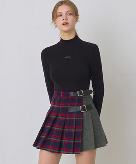 [Warehouse Sale] KANDINI Mixed Check Pleats Skirt - Navy