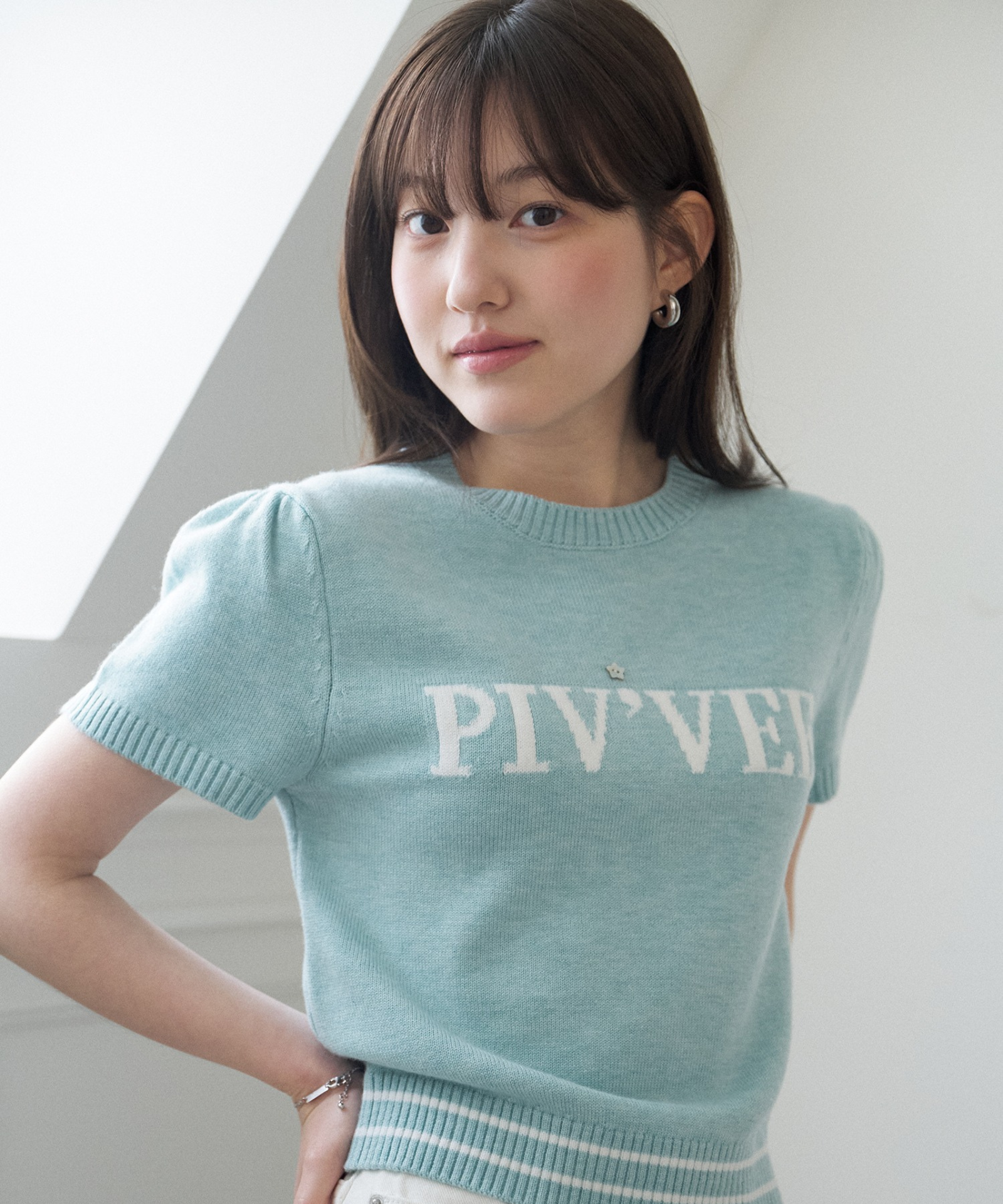 Short Sleeve Logo Jacquard Knit Mist Blue