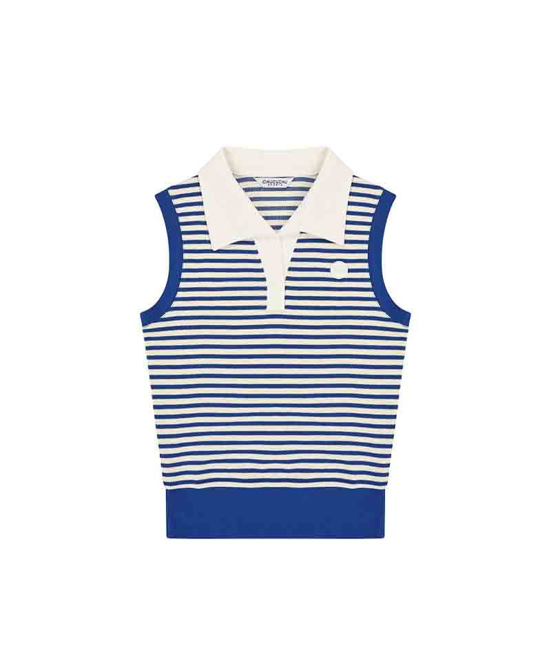 CHUCUCHU Open Collar Stripe Vest - Blue