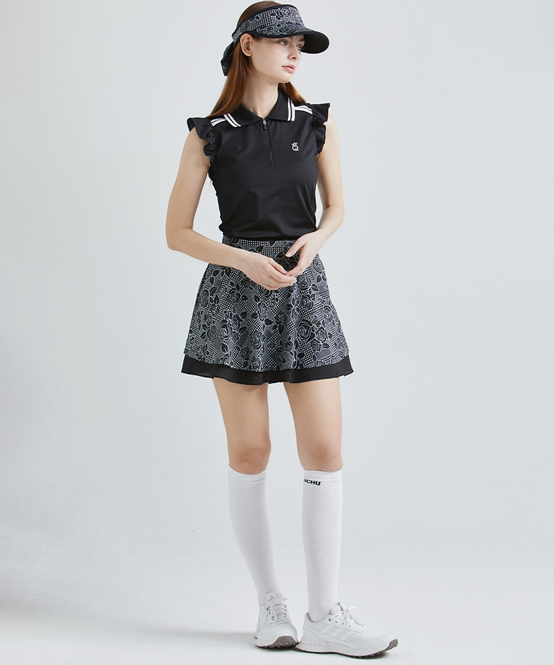 CHUCUCHU Rose Double Flare Golf Skirt - Black
