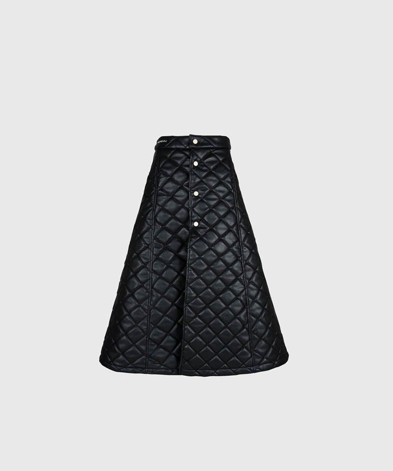 KANDINI Eco-leather Quilting Padded Long(Wrap) Skirt - Black
