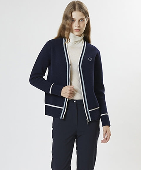 AVEN Wool Zip-Up Knit Cardigan - Navy