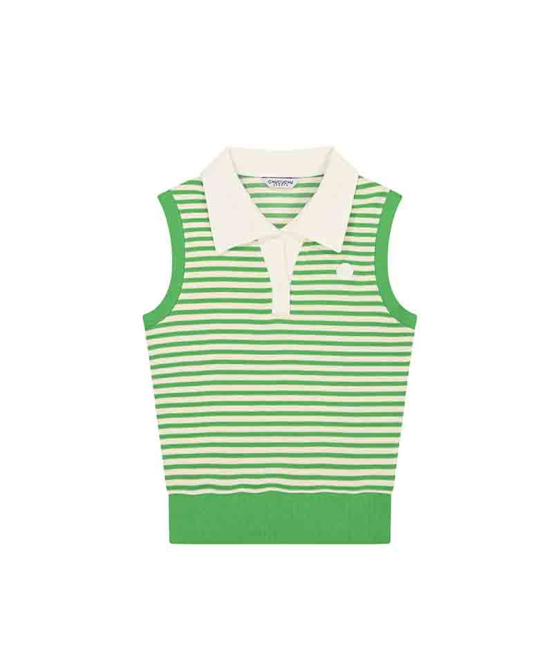 CHUCUCHU Open Collar Stripe Vest - Light Green